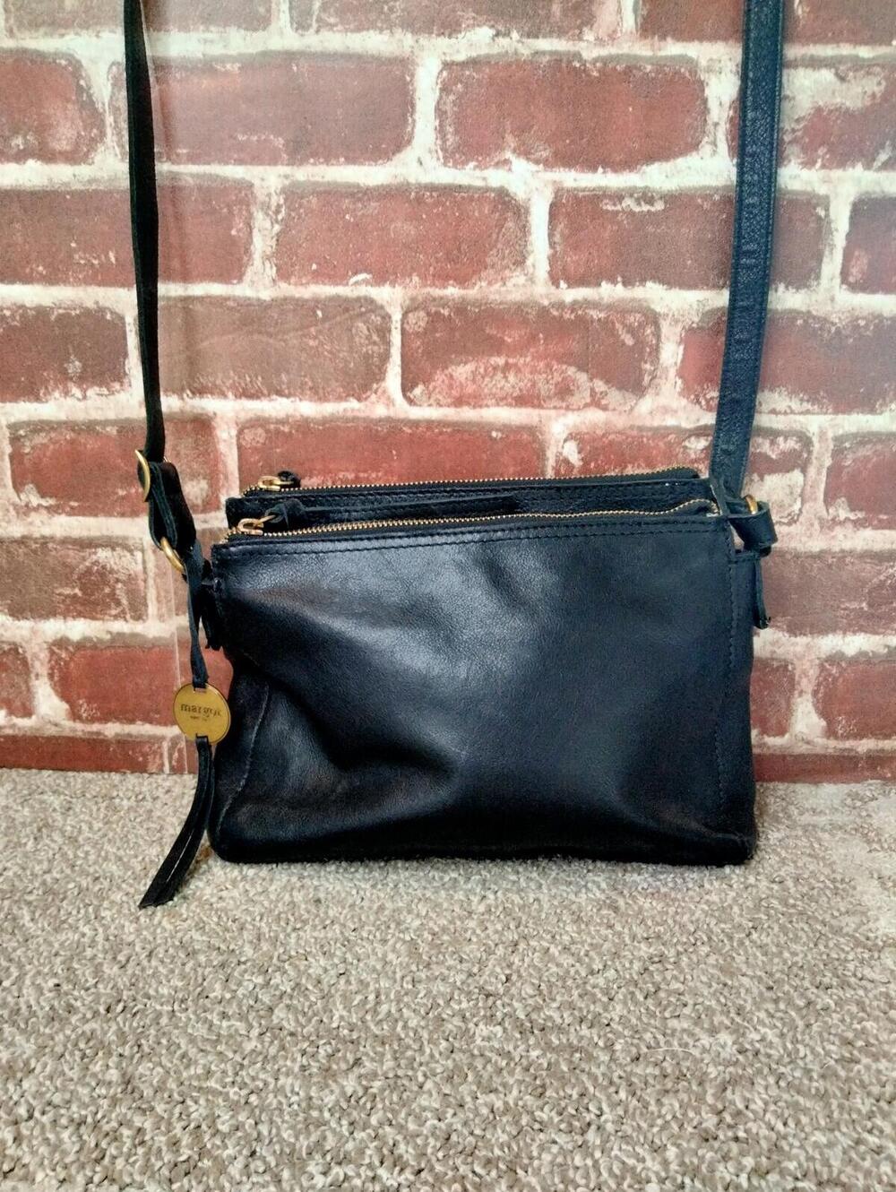 MARGOT New York Leather Crossbody Bag - Black - Double Zip - Mulit Pocket